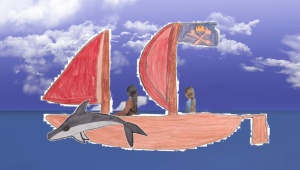 Kinder in gemaltem Segelboot