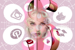 Collage in pink mit Frauengesicht umrahmt von Social Media Icons