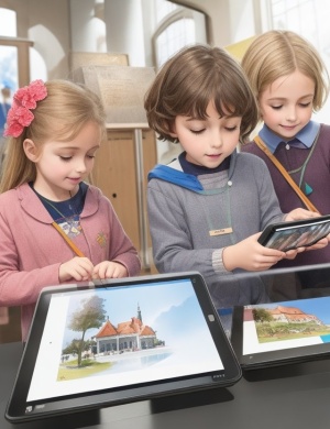 drei Kinder im Grundschulalter blicken auf ihre Tablets