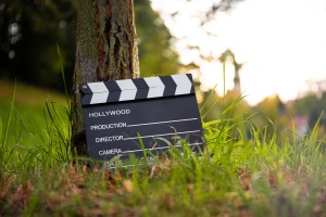 Eine Filmklappe steht im Gras an einen Baum gelehnt.