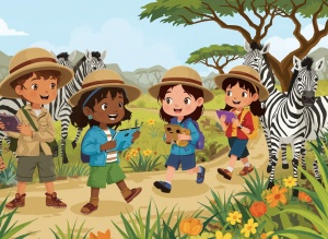 Illustration von Kindern mit Safari Hüten in einer afrikanischen Landschaft mit Zebras. Die Kinder halten Tablets in den Händen und haben Spaß.