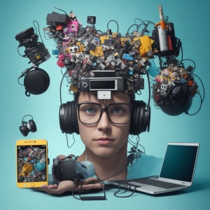 KI generiertes Bild - menschlicher Kopf und verschiedene technische Geräte
