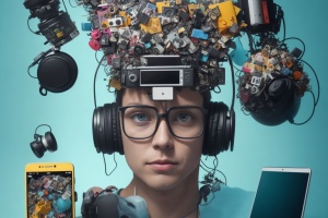 KI generiertes Bild - menschlicher Kopf und verschiedene technische Geräte