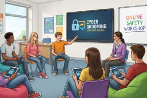 Bunte Grafik einer Gruppe Jugendlicher im Stuhlkreis mit Workshopcharakter.